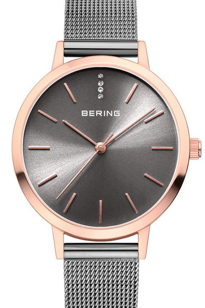 Bering Classic Ladies 34mm Round Rose Gold Case Gold Mesh Strap Watch-PEROZ Accessories