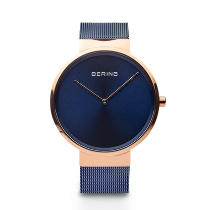 Bering Classic Polished Rose Gold 39mm Blue Mesh Watch-PEROZ Accessories