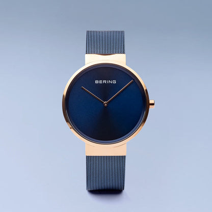 Bering Classic Polished Rose Gold 39mm Blue Mesh Watch-PEROZ Accessories