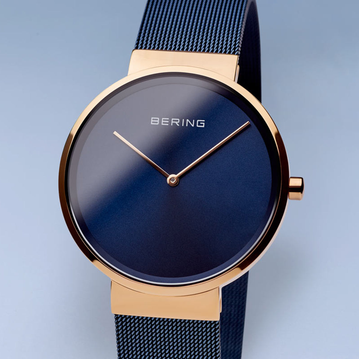 Bering Classic Polished Rose Gold 39mm Blue Mesh Watch-PEROZ Accessories