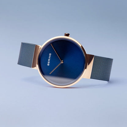 Bering Classic Polished Rose Gold 39mm Blue Mesh Watch-PEROZ Accessories