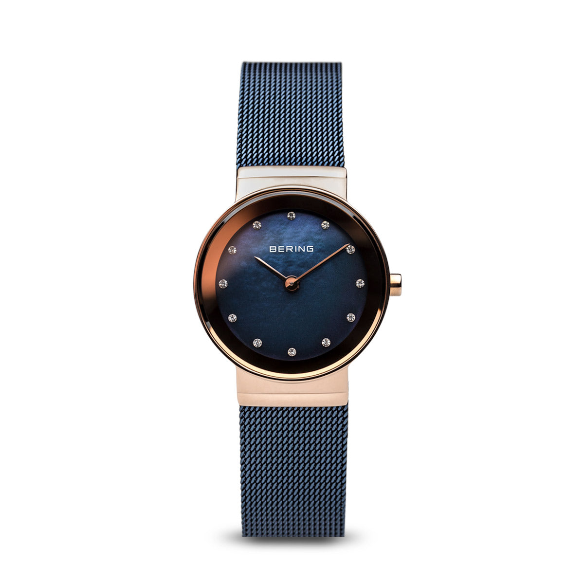 Bering Classic Polished Rose Gold Blue Mesh Swarovski Watch-PEROZ Accessories