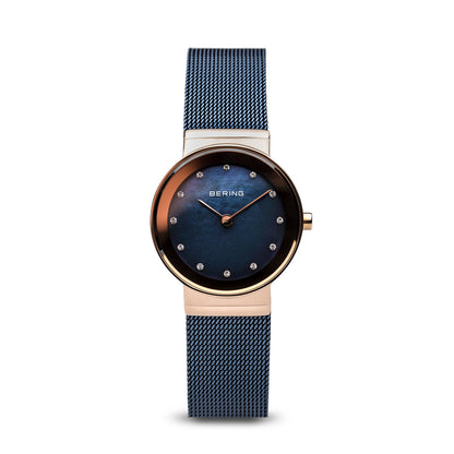 Bering Classic Polished Rose Gold Blue Mesh Swarovski Watch-PEROZ Accessories