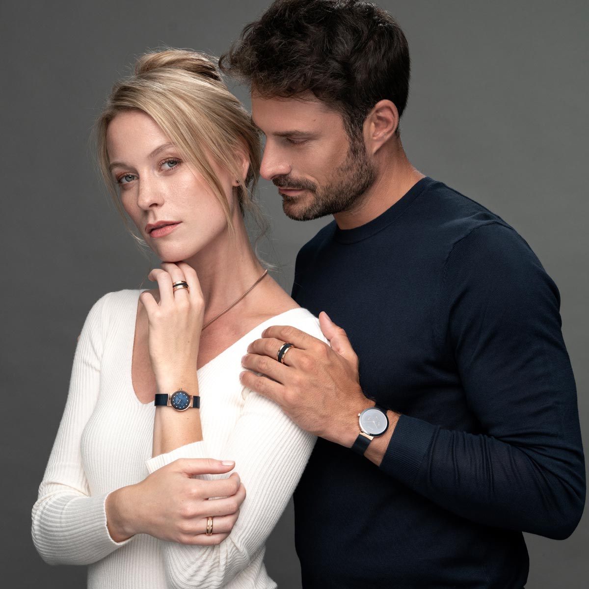 Bering Classic Polished Rose Gold Blue Mesh Swarovski Watch-PEROZ Accessories