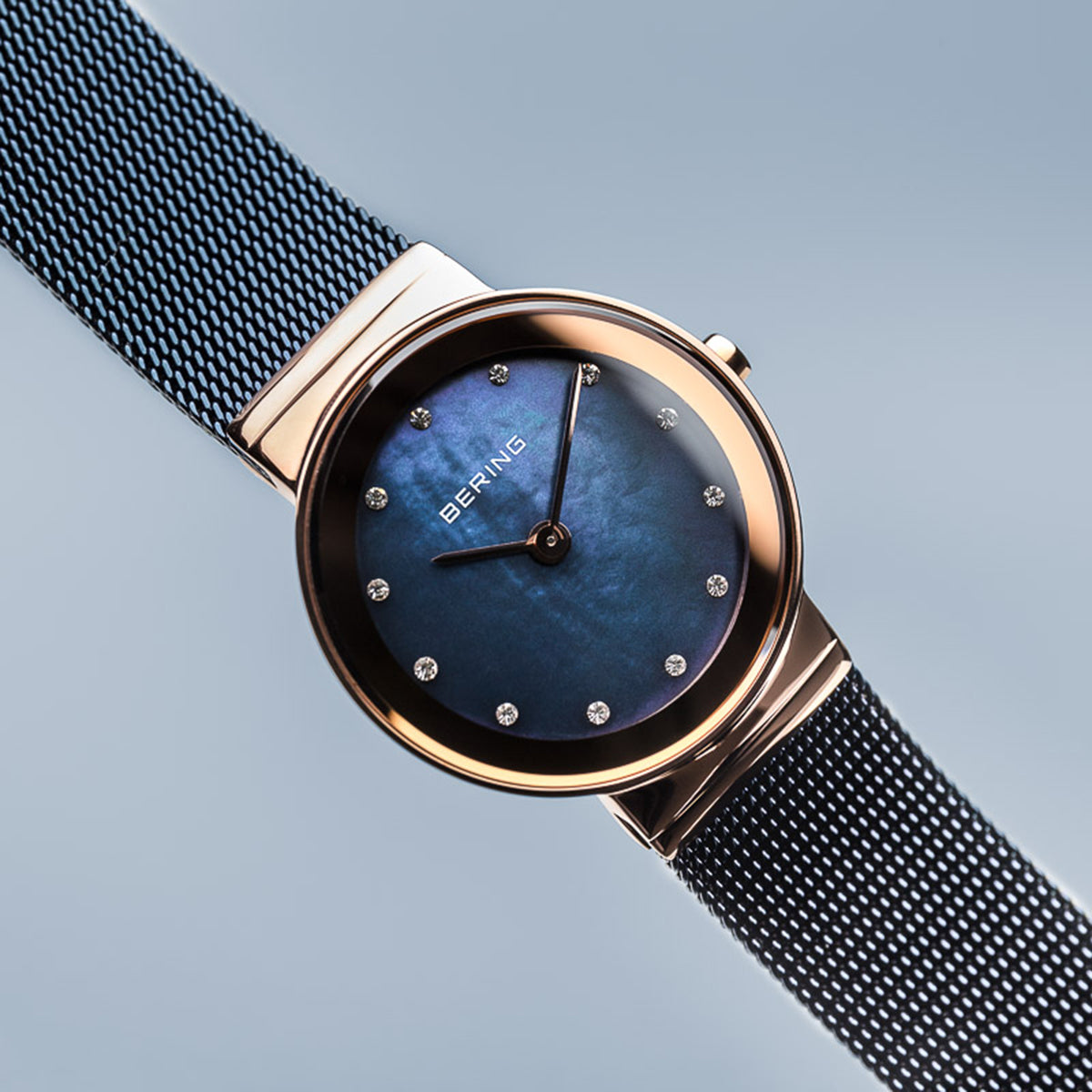 Bering Classic Polished Rose Gold Blue Mesh Swarovski Watch-PEROZ Accessories