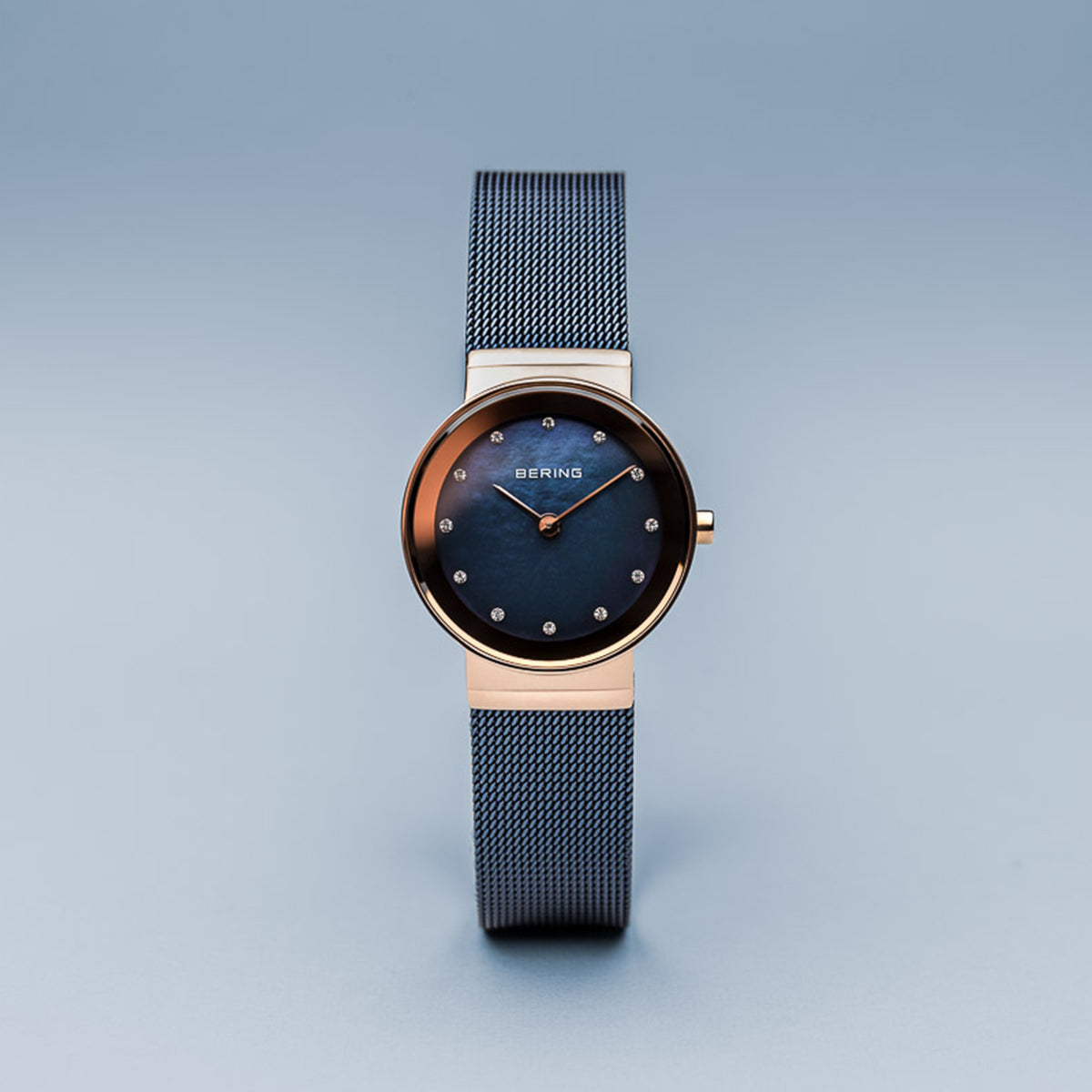 Bering Classic Polished Rose Gold Blue Mesh Swarovski Watch-PEROZ Accessories