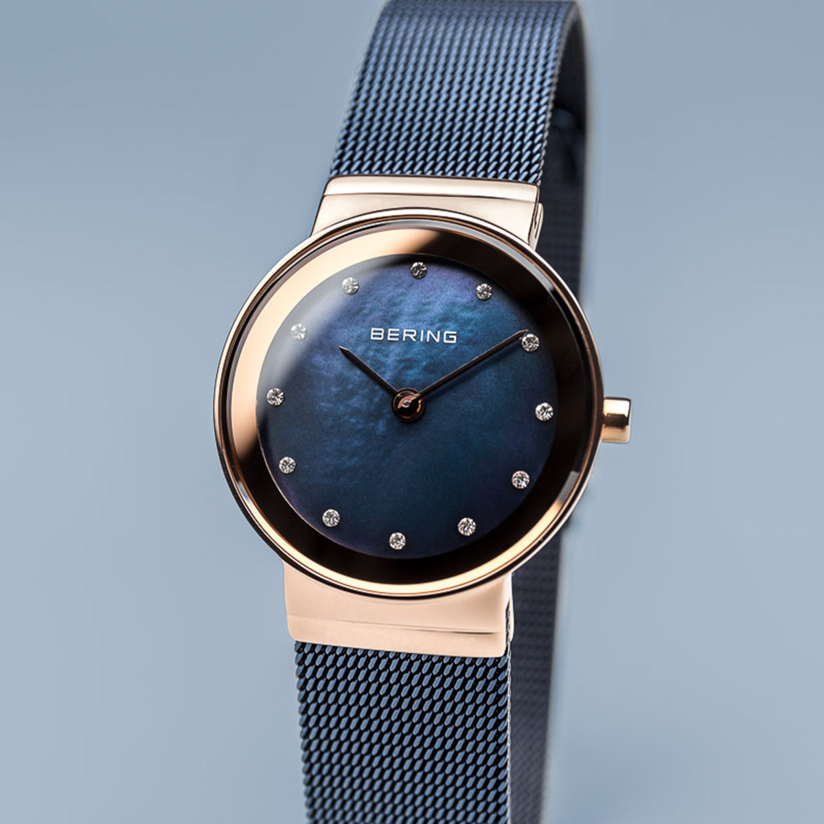 Bering Classic Polished Rose Gold Blue Mesh Swarovski Watch-PEROZ Accessories