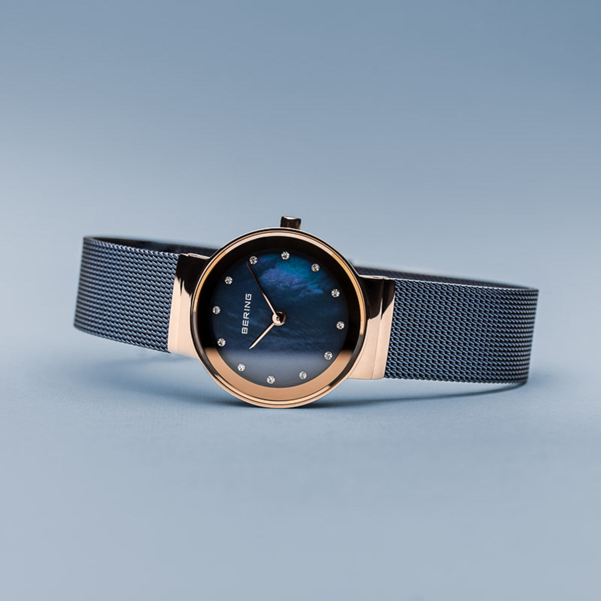 Bering Classic Polished Rose Gold Blue Mesh Swarovski Watch-PEROZ Accessories
