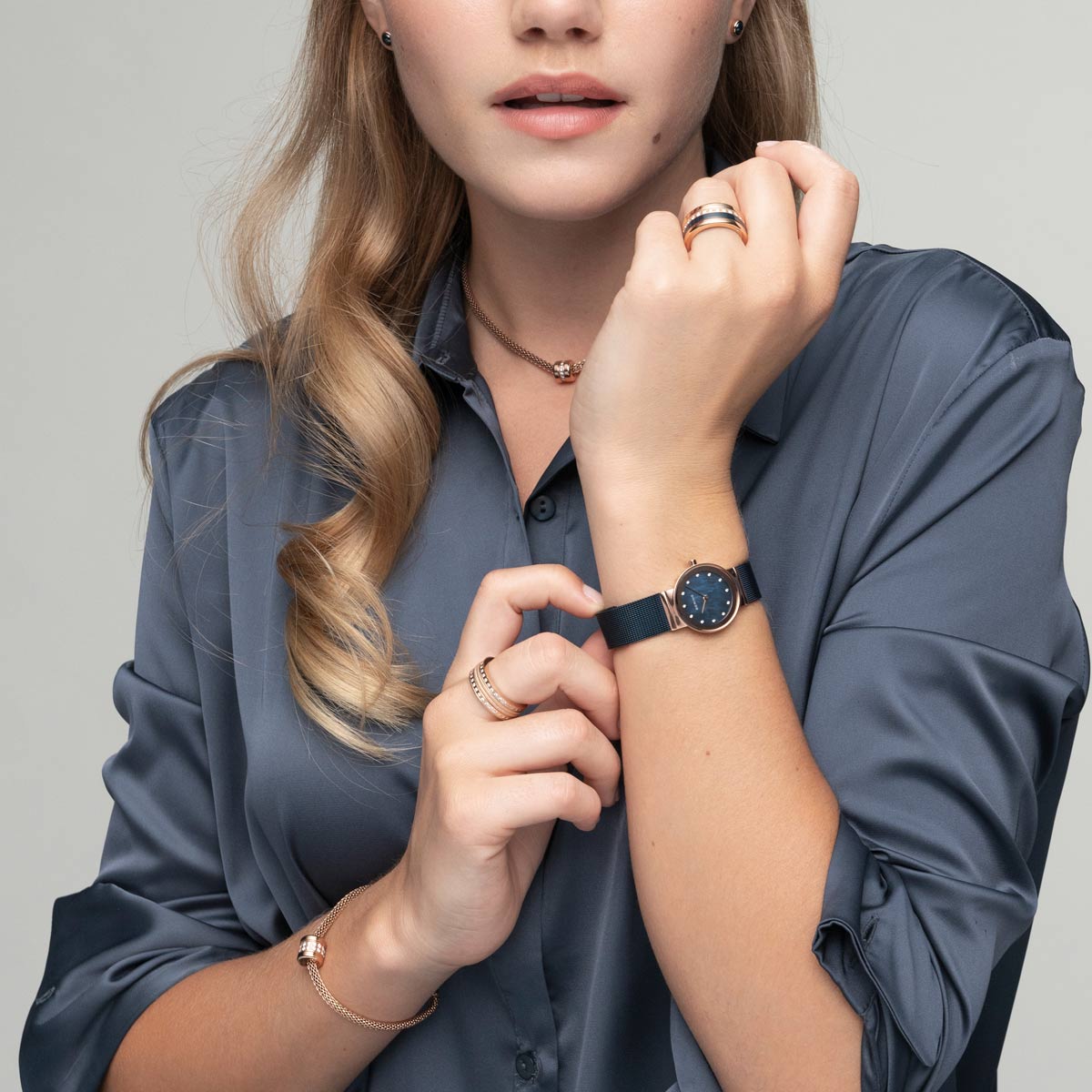 Bering Classic Polished Rose Gold Blue Mesh Swarovski Watch-PEROZ Accessories