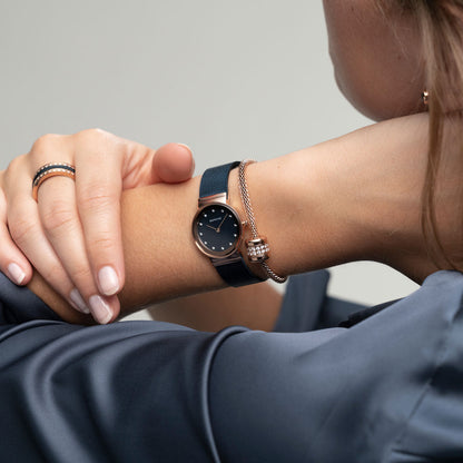 Bering Classic Polished Rose Gold Blue Mesh Swarovski Watch-PEROZ Accessories