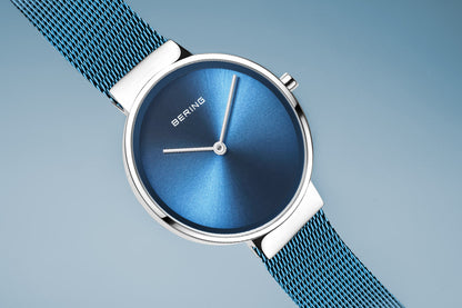 Bering Classic Polished Silver Blue Mesh Watch-PEROZ Accessories