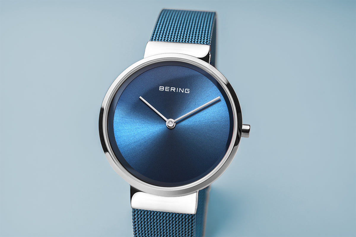 Bering Classic Polished Silver Blue Mesh Watch-PEROZ Accessories