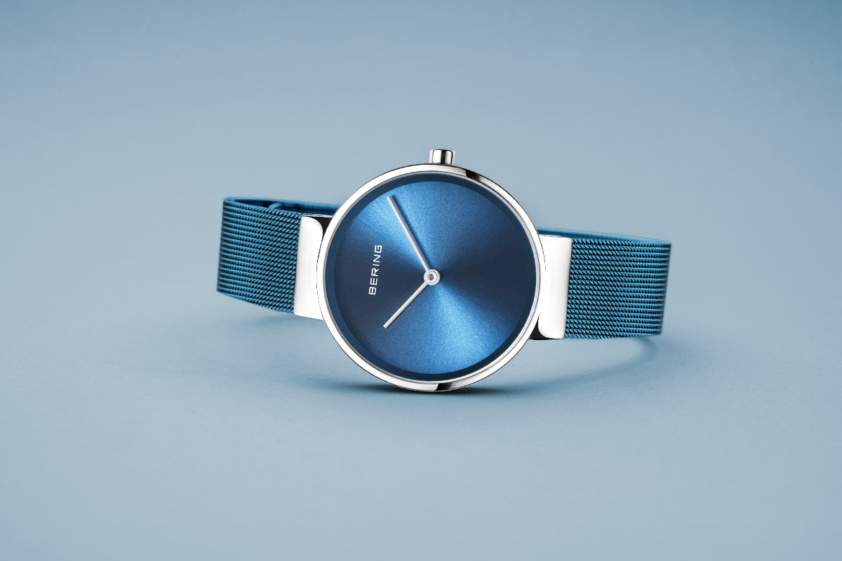 Bering Classic Polished Silver Blue Mesh Watch-PEROZ Accessories