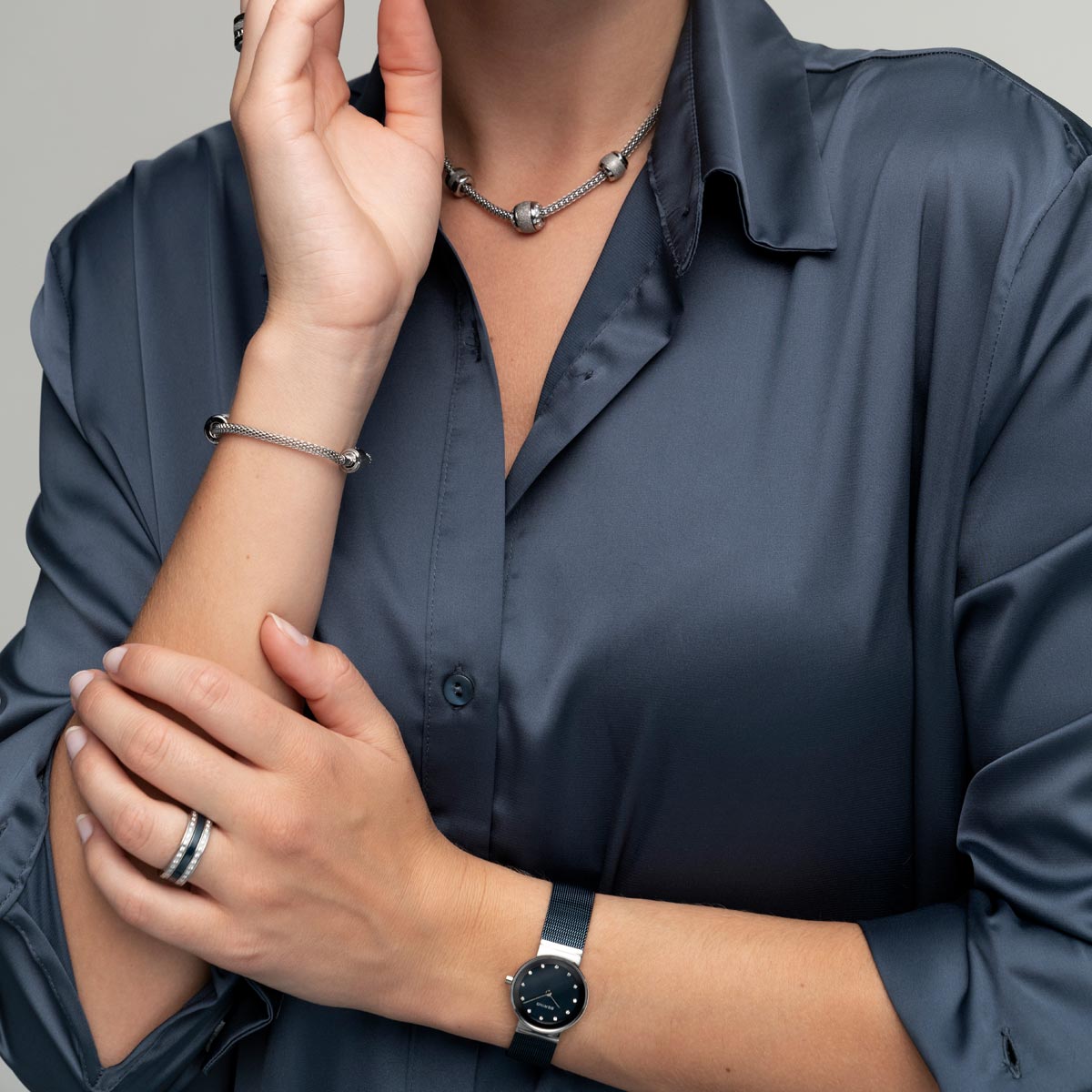 Bering Classic Polished Silver Blue Mesh Watch-PEROZ Accessories