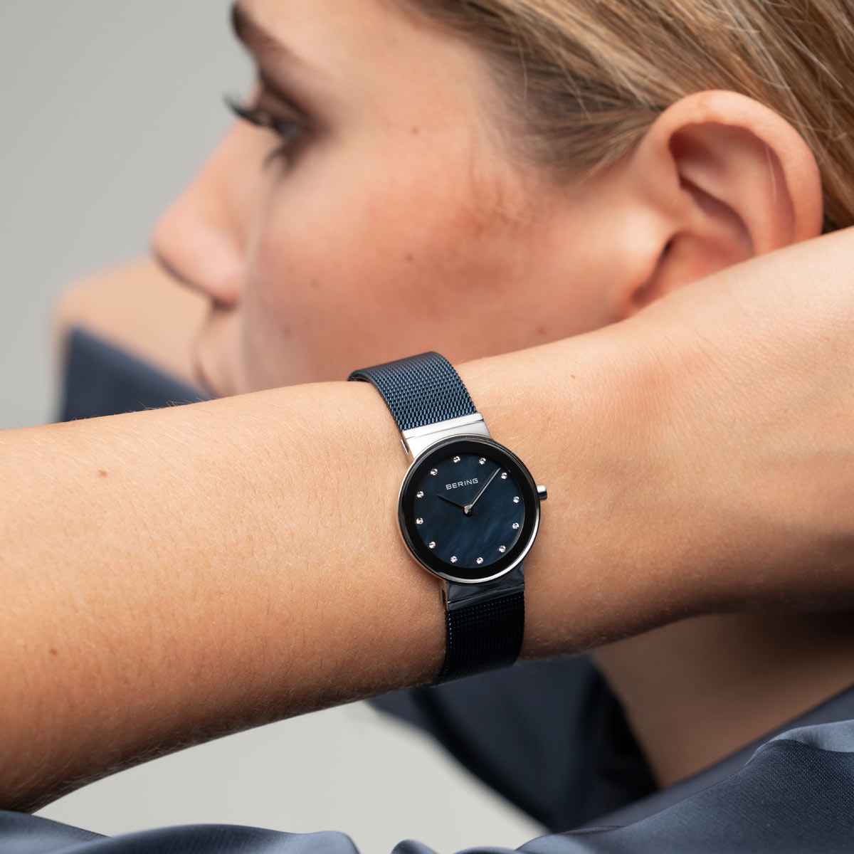 Bering Classic Polished Silver Blue Mesh Watch-PEROZ Accessories