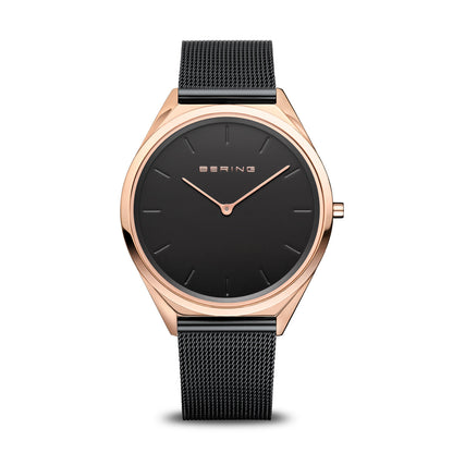 Bering Ultra Slim Polished Rose Gold Black Mesh Watch-PEROZ Accessories
