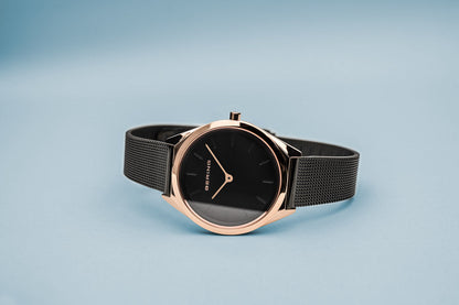 Bering Ultra Slim Polished Rose Gold Black Mesh Watch-PEROZ Accessories