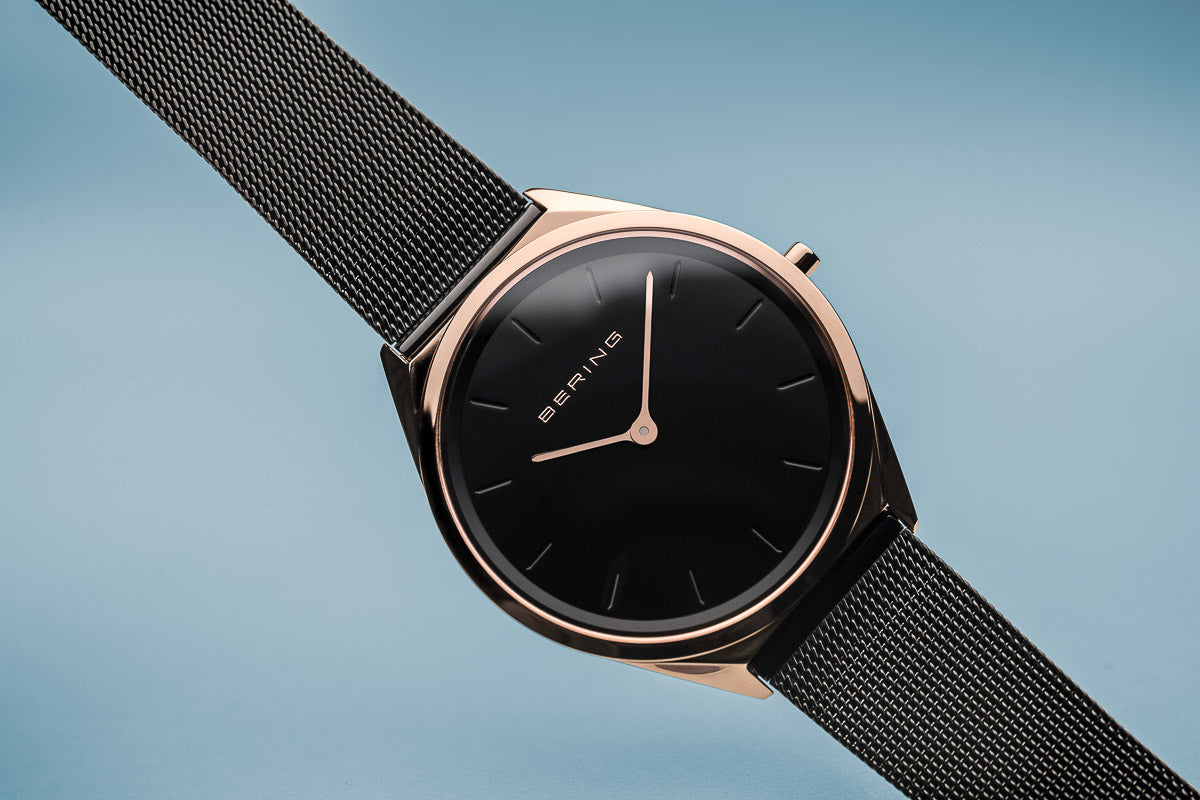 Bering Ultra Slim Polished Rose Gold Black Mesh Watch-PEROZ Accessories