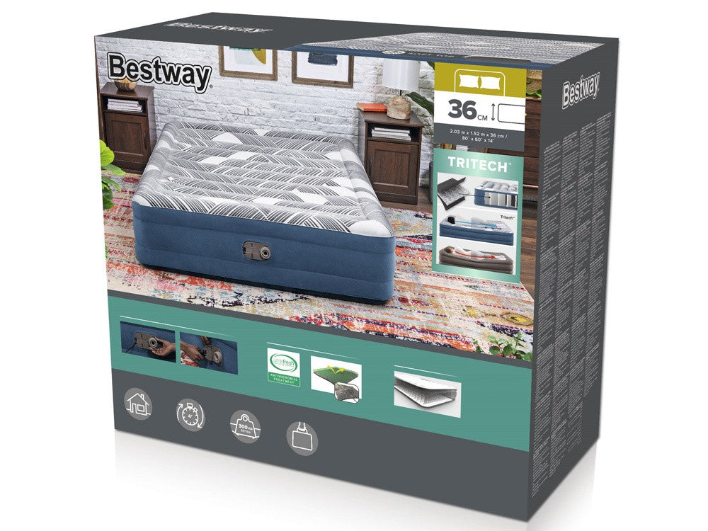Bestway 2.03m x 1.52m x 36cm Tritech Fashion Flock comfortable inflatable Air Mattress Queen Built-in AC Pump-Outdoor Recreation > Camping > Inflatable Mattresses-PEROZ Accessories