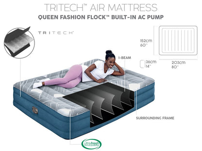 Bestway 2.03m x 1.52m x 36cm Tritech Fashion Flock comfortable inflatable Air Mattress Queen Built-in AC Pump-Outdoor Recreation > Camping > Inflatable Mattresses-PEROZ Accessories
