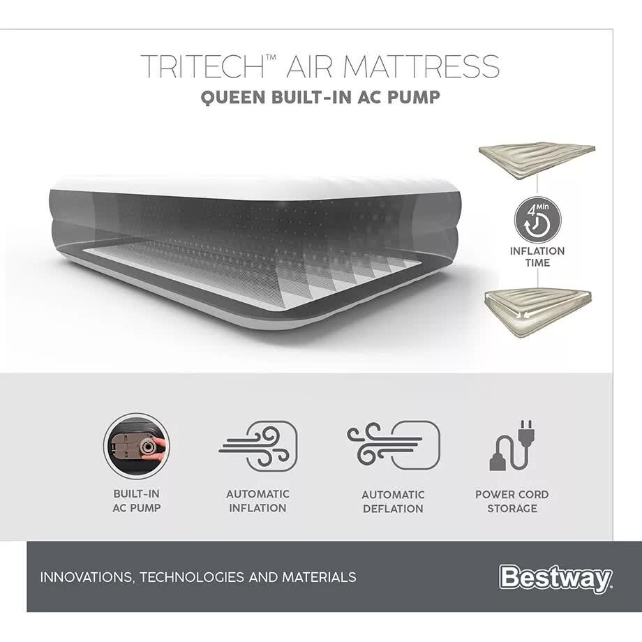 Bestway 2.03m x 1.52m x 46cm Tritech Air Mattress Queen Built-in AC pump-Outdoor Recreation > Camping > Inflatable Mattresses-PEROZ Accessories