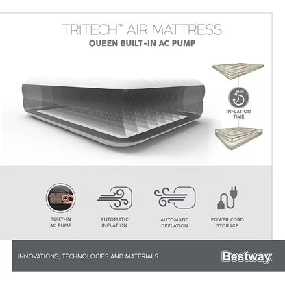 Bestway 2.03m x 1.52m x 46cm Tritech Air Mattress Queen Built-in AC pump-Outdoor Recreation > Camping > Inflatable Mattresses-PEROZ Accessories