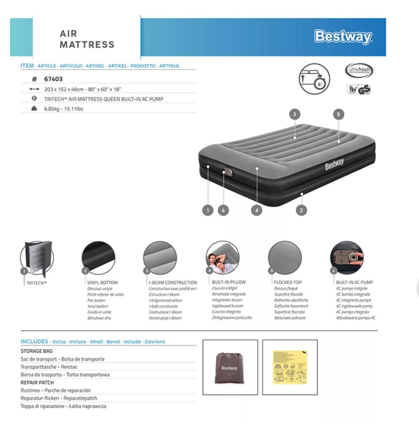 Bestway 2.03m x 1.52m x 46cm Tritech Air Mattress Queen Built-in AC pump-Outdoor Recreation > Camping > Inflatable Mattresses-PEROZ Accessories