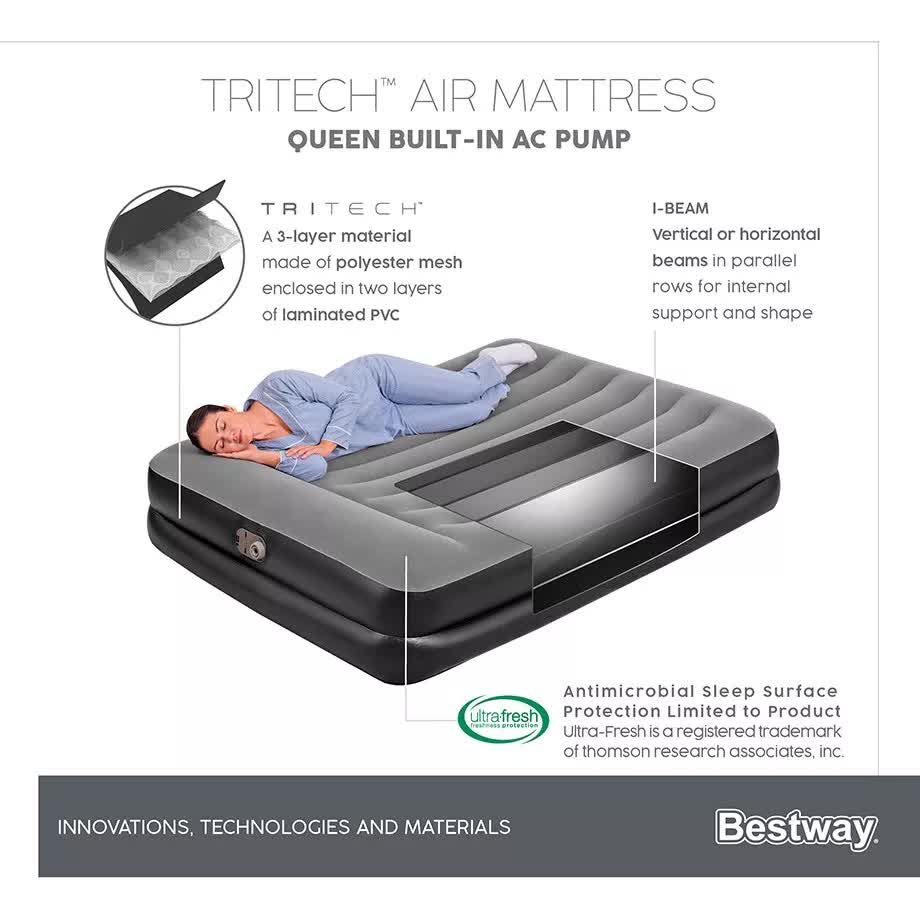 Bestway 2.03m x 1.52m x 46cm Tritech Air Mattress Queen Built-in AC pump-Outdoor Recreation > Camping > Inflatable Mattresses-PEROZ Accessories