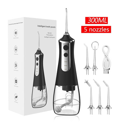 Black 300ML Cordless Water Flosser with 5 Nozzles - Rechargeable Portable Oral Irrigator-Oral Care-PEROZ Accessories