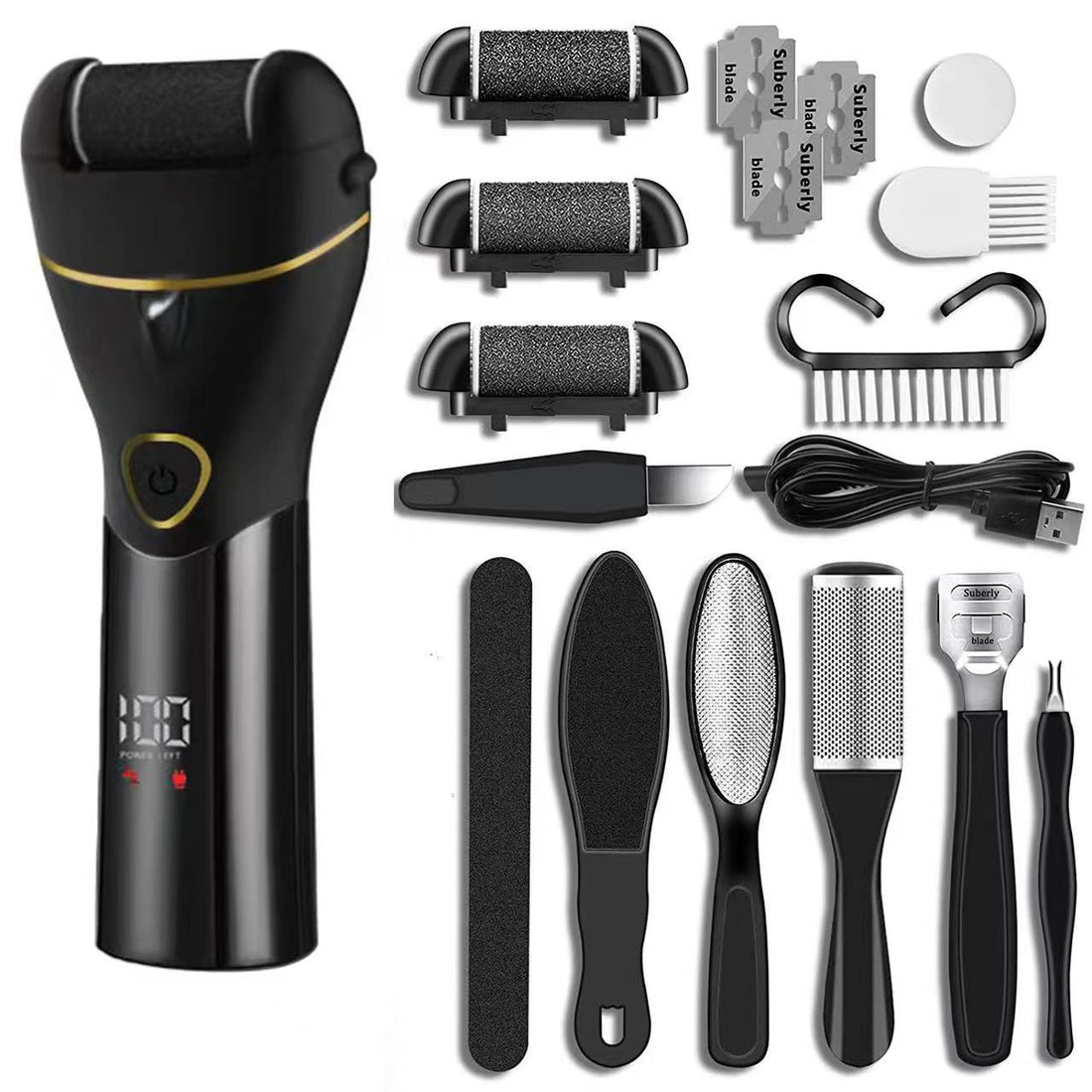 Black Rechargeable Electric Foot File Callus Remover Kit - 10pc Pedicure Set with LED Display for Smooth Feet-Foot Care-PEROZ Accessories