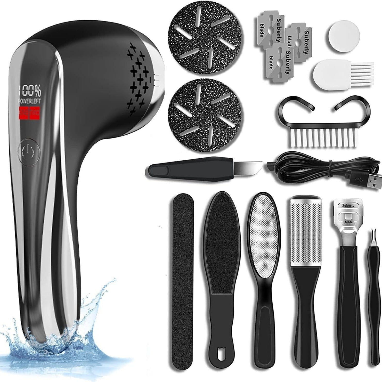 Black Rechargeable Electric Foot Grinder with Suction - Complete 10-Piece Pedicure Kit-Foot Care-PEROZ Accessories