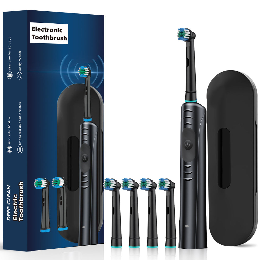 Black Rechargeable Electric Toothbrush with Travel Case - 4 Replacement Heads for Deep Cleaning-Oral Care-PEROZ Accessories