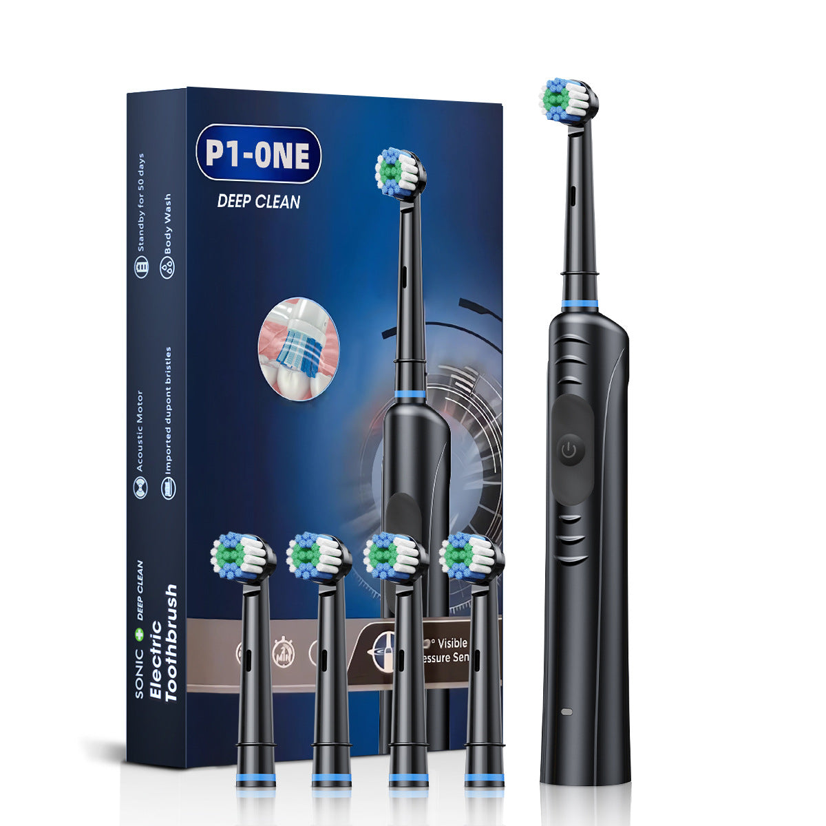 Black Rechargeable Sonic Electric Toothbrush - Deep Clean with 4 Replacement Heads-Oral Care-PEROZ Accessories