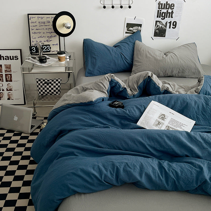 Blue-grey 1.5m Bed Fitted Sheet Set with 200x230cm Duvet Cover - 4-Piece Bedding Set-Home &amp; Garden > Bedding > Bed Sheets-PEROZ Accessories