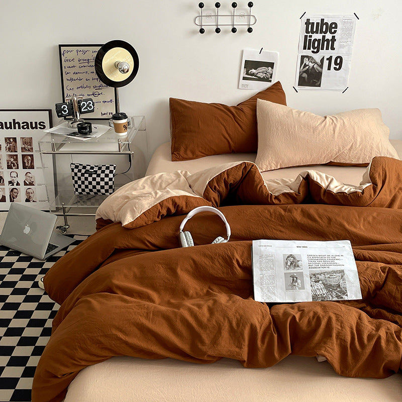 Brown 1.5m Bed Fitted Sheet Set with 200x230cm Duvet Cover - 4-Piece Bedding Set-Home &amp; Garden > Bedding > Bed Sheets-PEROZ Accessories
