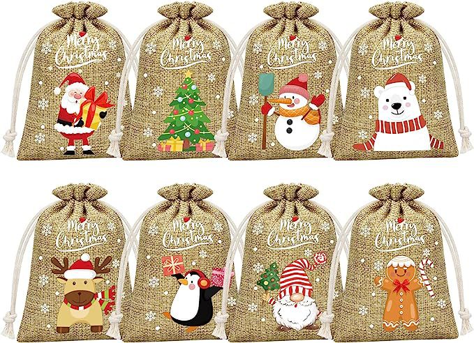 Brown Christmas Gift Drawstring Bags Set - Festive Burlap Style Pouches for Candy &amp; Apples - Holiday Decoration - 10 Pcs-Occasions > Christmas > Christmas Decorations-PEROZ Accessories