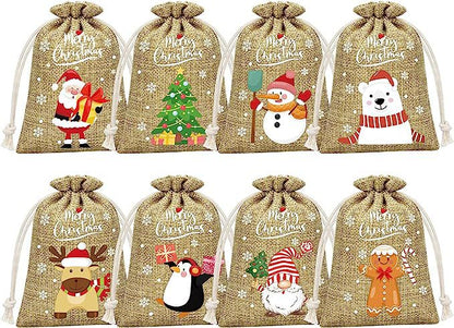 Brown Christmas Gift Drawstring Bags Set - Festive Burlap Style Pouches for Candy &amp; Apples - Holiday Decoration - 10 Pcs-Occasions > Christmas > Christmas Decorations-PEROZ Accessories