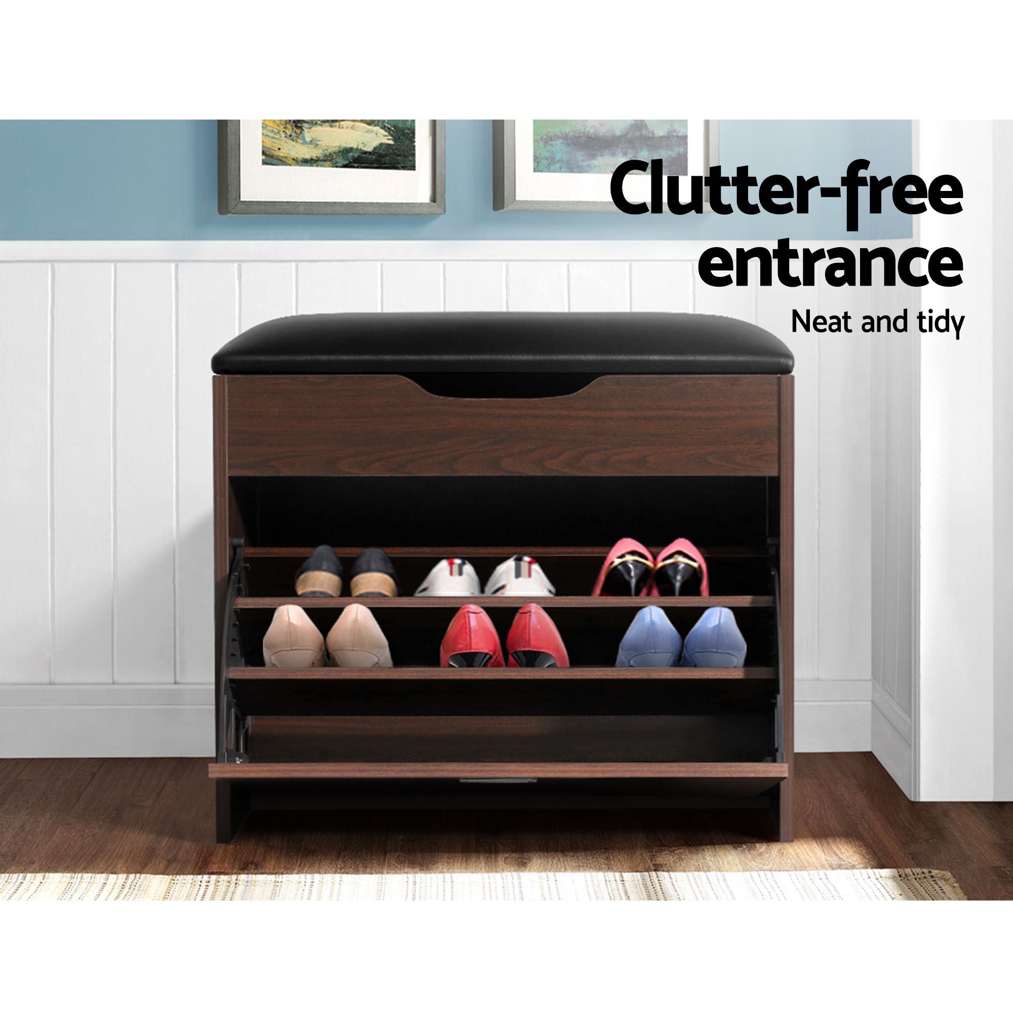 Artiss 2x Shoe Bench Set Flip Drawer Walnut-Furniture > Living Room > Shoe Storage-PEROZ Accessories