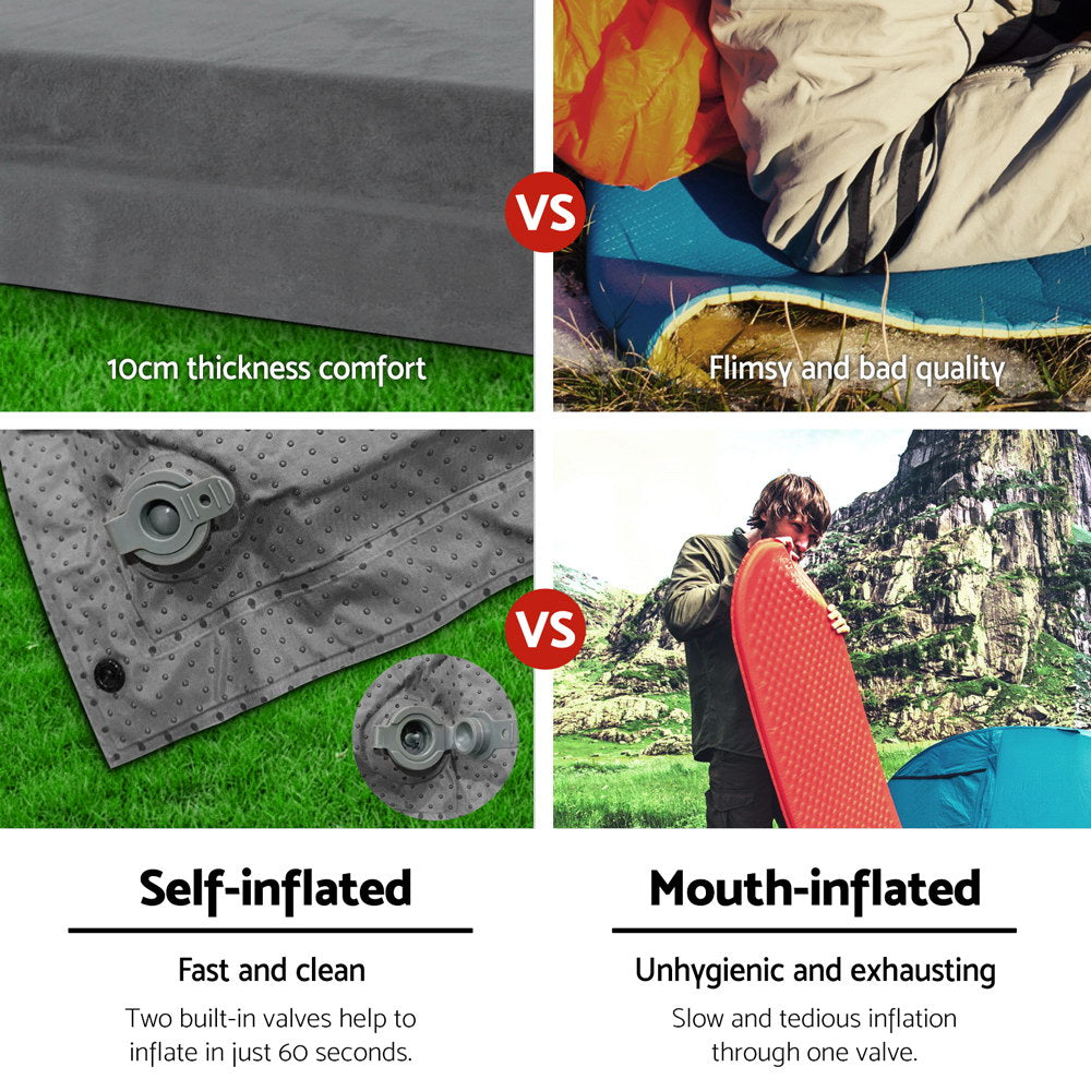 Weisshorn Self Inflating Mattress 10CM Camping Sleeping Mat Air Double Grey-Outdoor > Camping-PEROZ Accessories