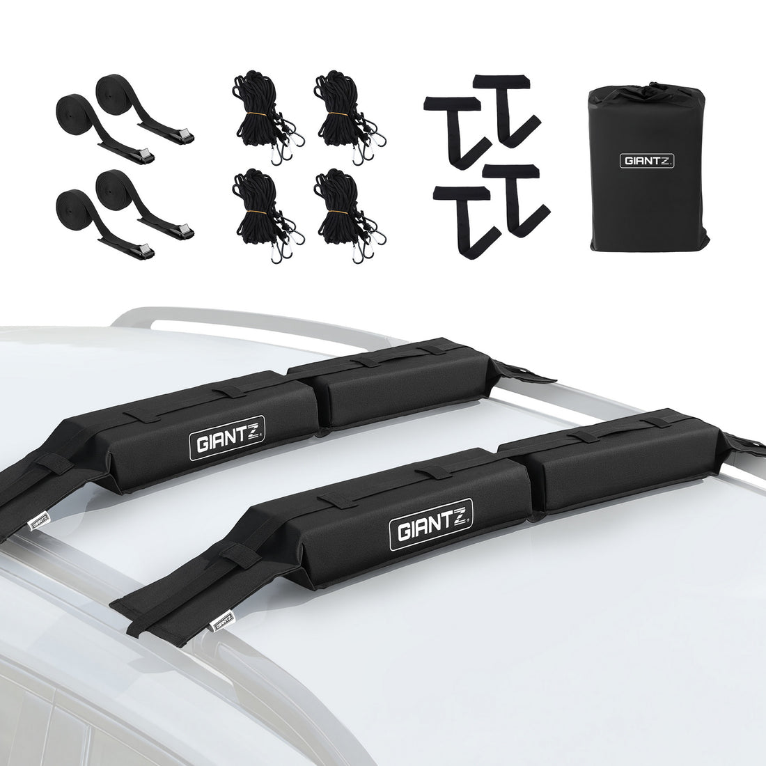 GIANTZ Kayak Roof Rack for Car, Universal Soft Roof Rack Pads for Surfboard SUP Canoe, Roof Bars for SUV Sedan without Side Rails, Portable Cross Bars with 4.5m Tie Down Straps &amp; Ropes, 80kg Capacity-Auto Accessories > Auto Accessories Others > Cross Bar-PEROZ Accessories