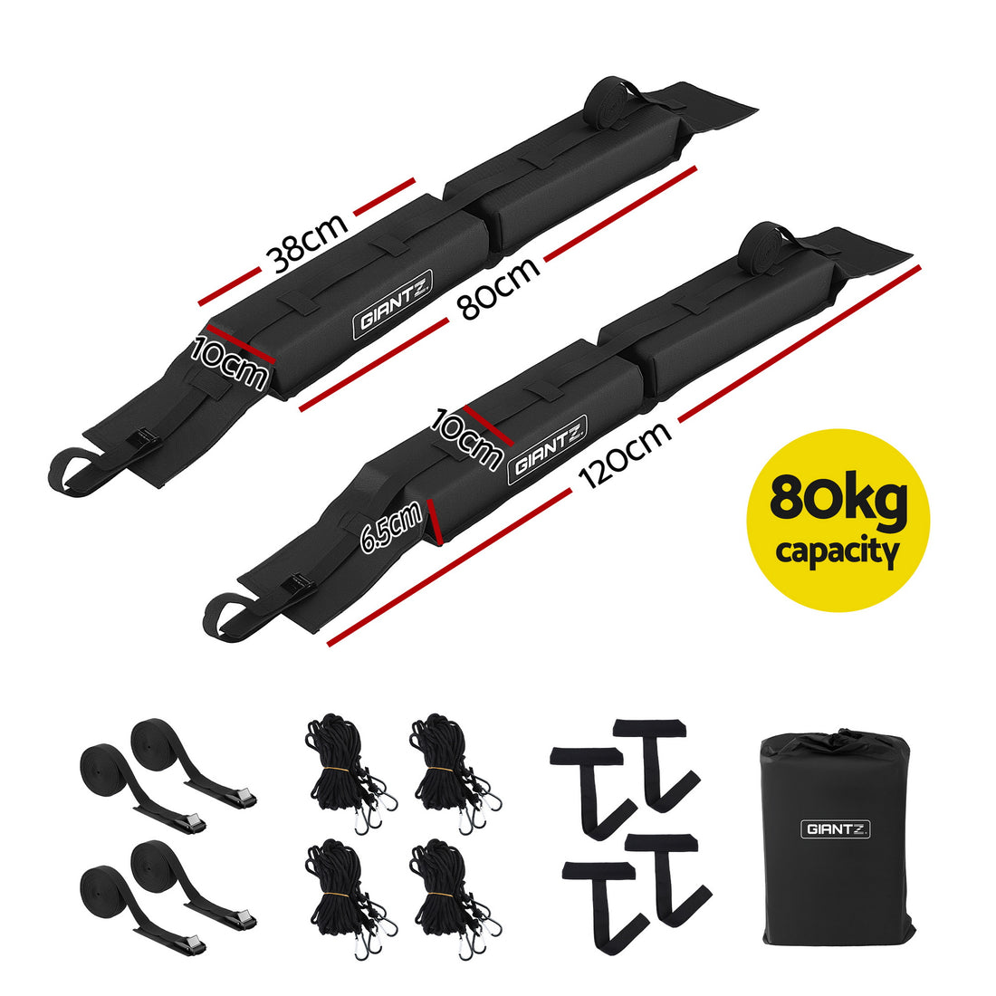 GIANTZ Kayak Roof Rack for Car, Universal Soft Roof Rack Pads for Surfboard SUP Canoe, Roof Bars for SUV Sedan without Side Rails, Portable Cross Bars with 4.5m Tie Down Straps &amp; Ropes, 80kg Capacity-Auto Accessories > Auto Accessories Others > Cross Bar-PEROZ Accessories