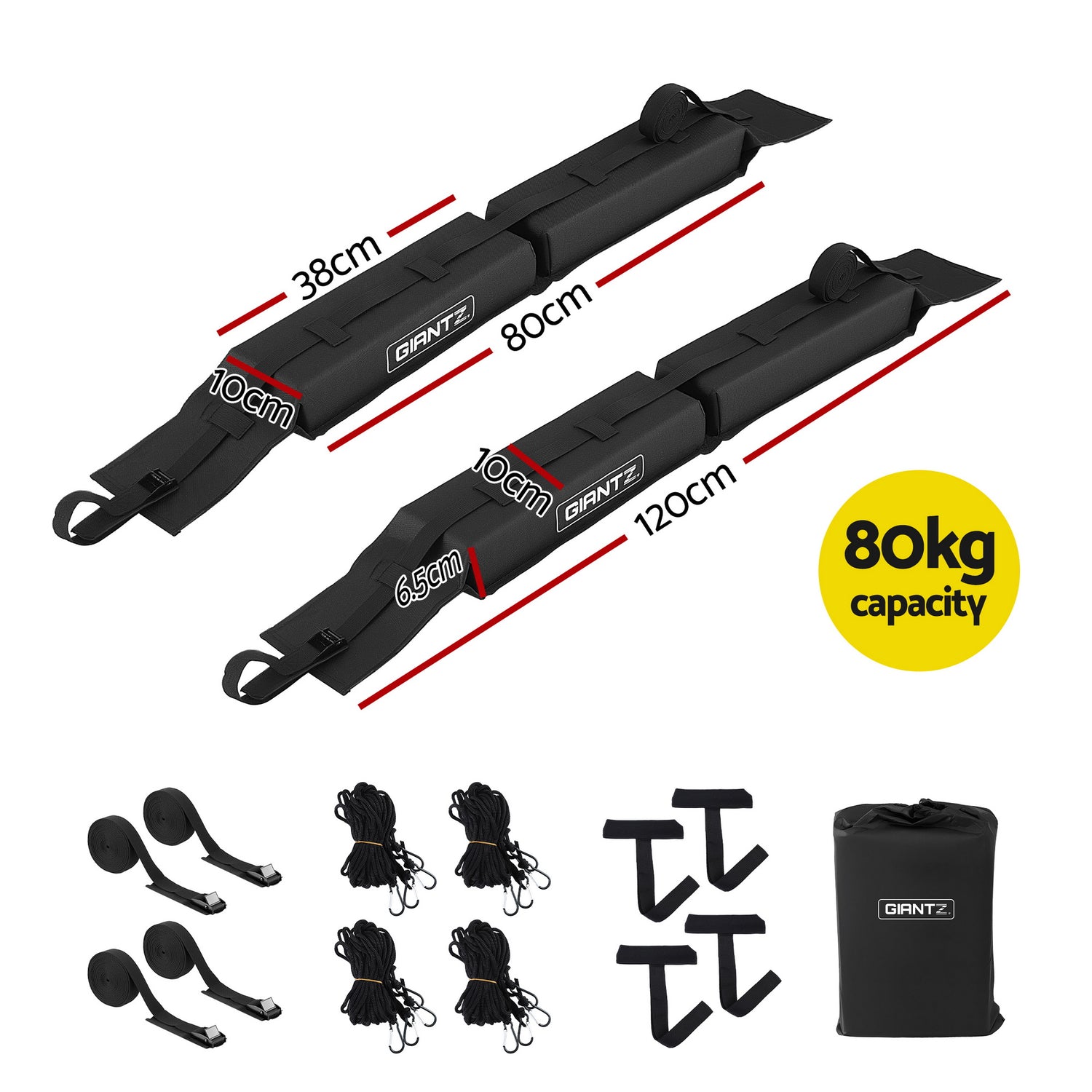 GIANTZ Kayak Roof Rack for Car, Universal Soft Roof Rack Pads for Surfboard SUP Canoe, Roof Bars for SUV Sedan without Side Rails, Portable Cross Bars with 4.5m Tie Down Straps &amp; Ropes, 80kg Capacity-Auto Accessories > Auto Accessories Others > Cross Bar-PEROZ Accessories