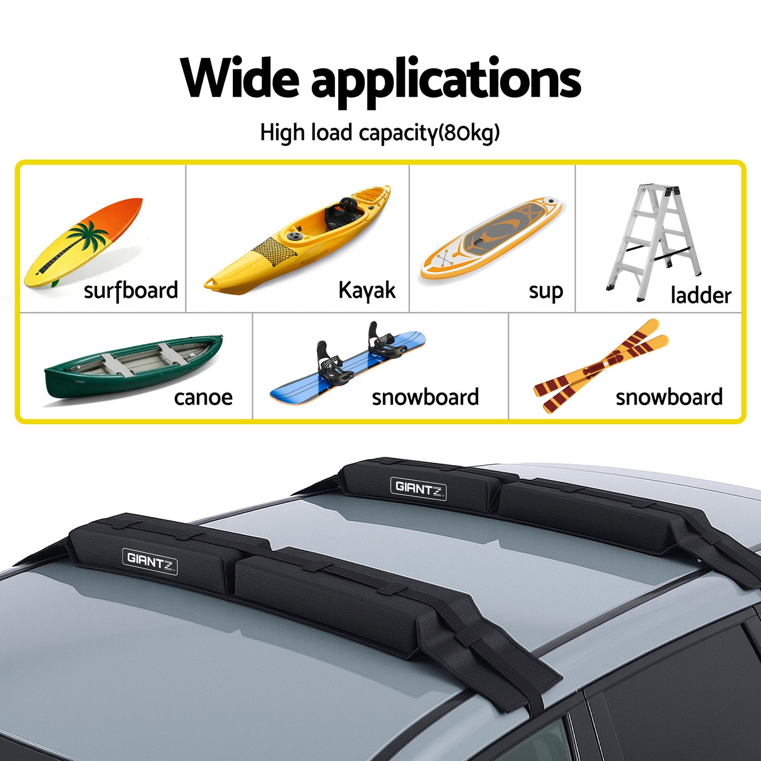 GIANTZ Kayak Roof Rack for Car, Universal Soft Roof Rack Pads for Surfboard SUP Canoe, Roof Bars for SUV Sedan without Side Rails, Portable Cross Bars with 4.5m Tie Down Straps &amp; Ropes, 80kg Capacity-Auto Accessories > Auto Accessories Others > Cross Bar-PEROZ Accessories