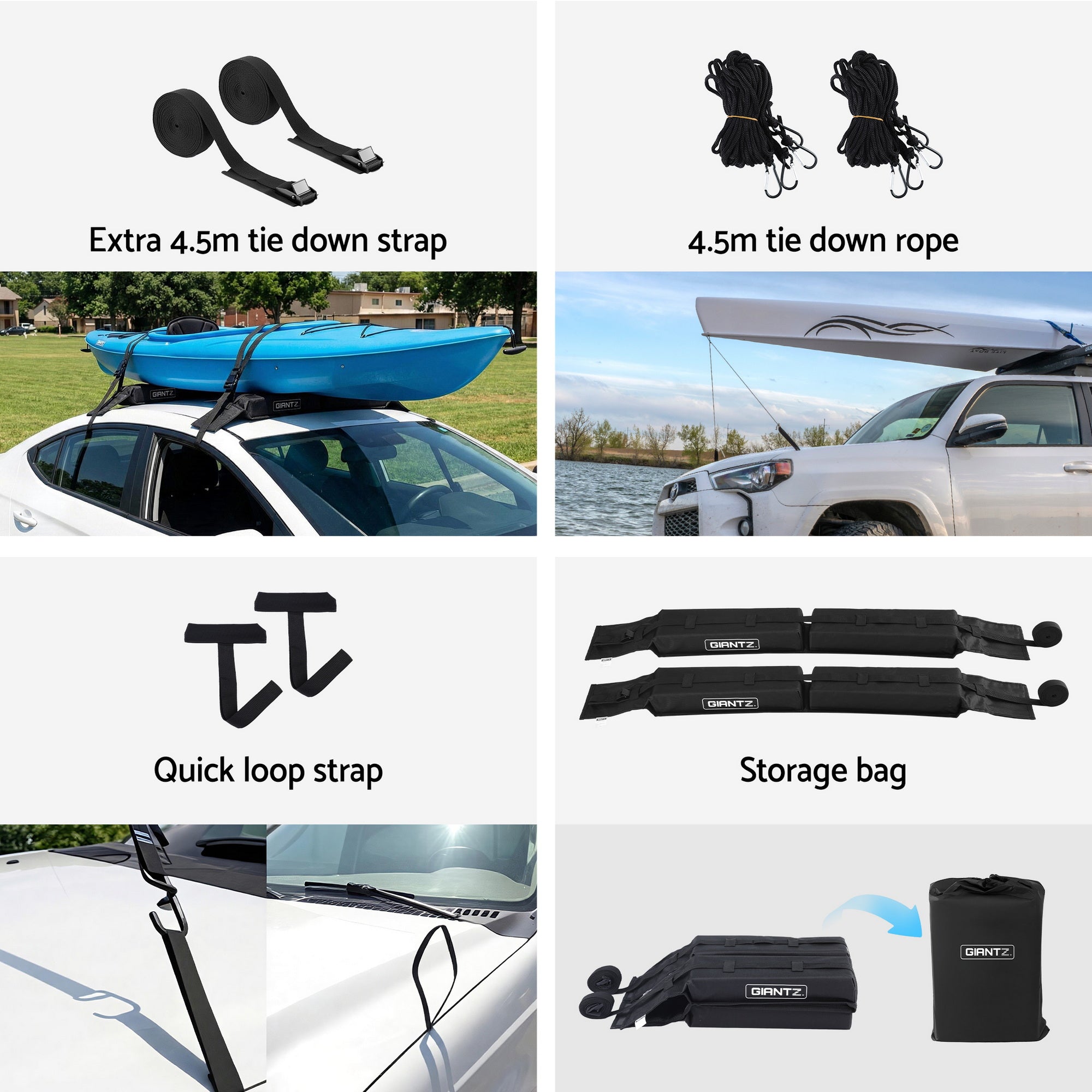GIANTZ Kayak Roof Rack for Car, Universal Soft Roof Rack Pads for Surfboard SUP Canoe, Roof Bars for SUV Sedan without Side Rails, Portable Cross Bars with 4.5m Tie Down Straps &amp; Ropes, 80kg Capacity-Auto Accessories > Auto Accessories Others > Cross Bar-PEROZ Accessories