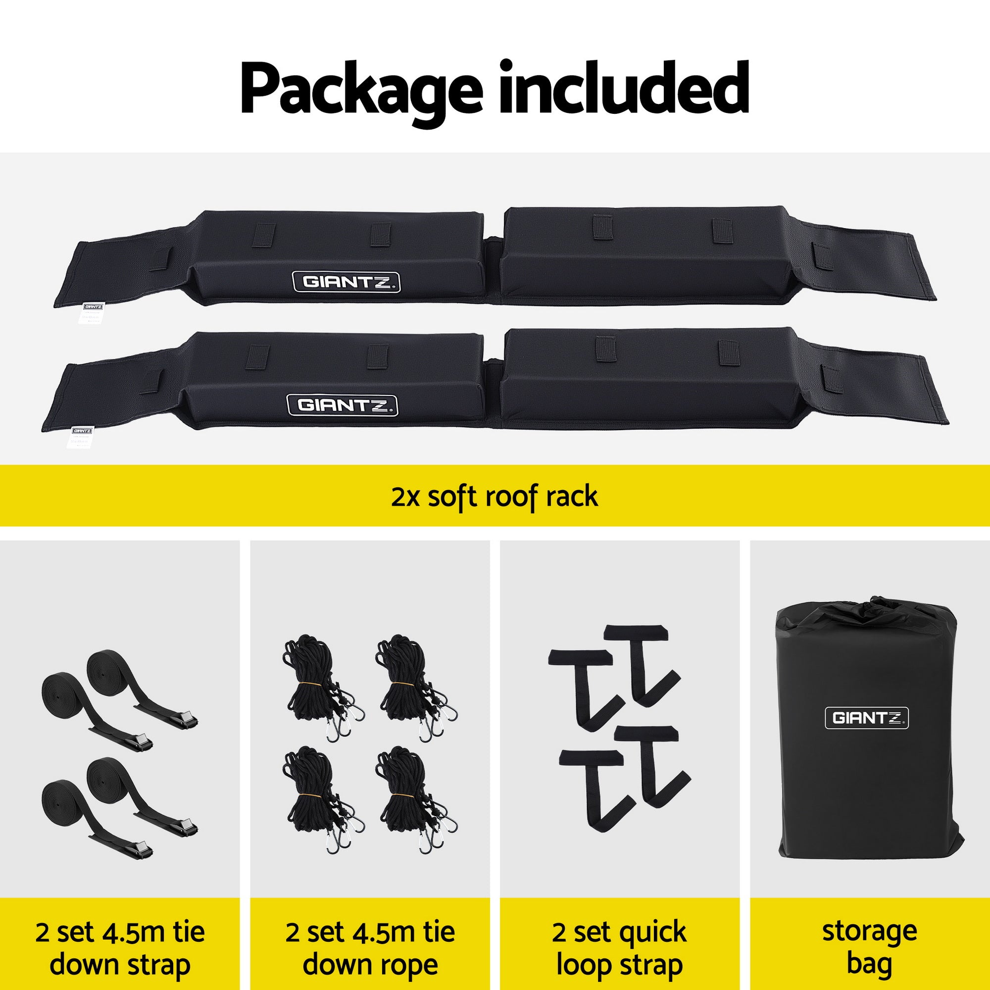 GIANTZ Kayak Roof Rack for Car, Universal Soft Roof Rack Pads for Surfboard SUP Canoe, Roof Bars for SUV Sedan without Side Rails, Portable Cross Bars with 4.5m Tie Down Straps &amp; Ropes, 80kg Capacity-Auto Accessories > Auto Accessories Others > Cross Bar-PEROZ Accessories