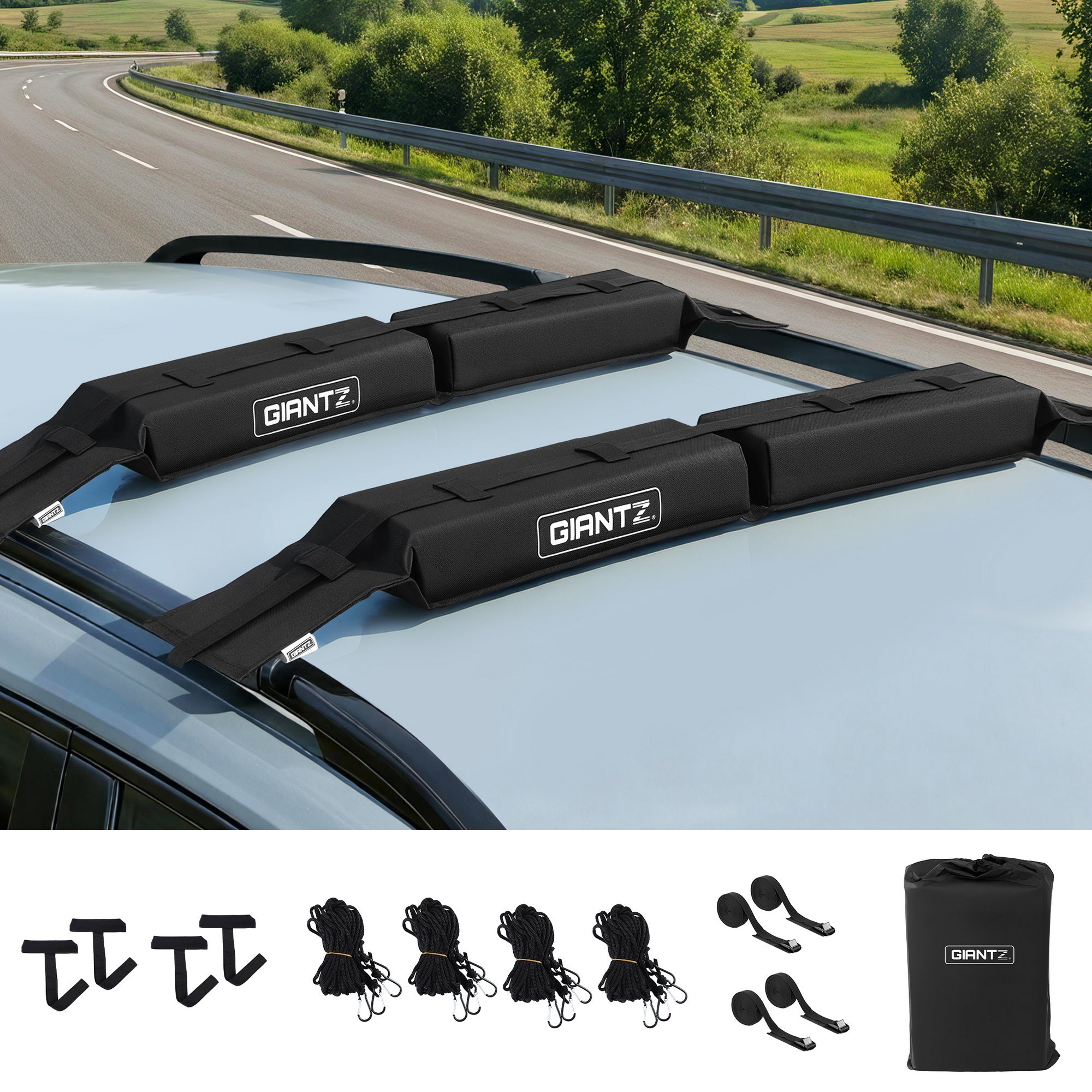 GIANTZ Kayak Roof Rack for Car, Universal Soft Roof Rack Pads for Surfboard SUP Canoe, Roof Bars for SUV Sedan without Side Rails, Portable Cross Bars with 4.5m Tie Down Straps &amp; Ropes, 80kg Capacity-Auto Accessories > Auto Accessories Others > Cross Bar-PEROZ Accessories