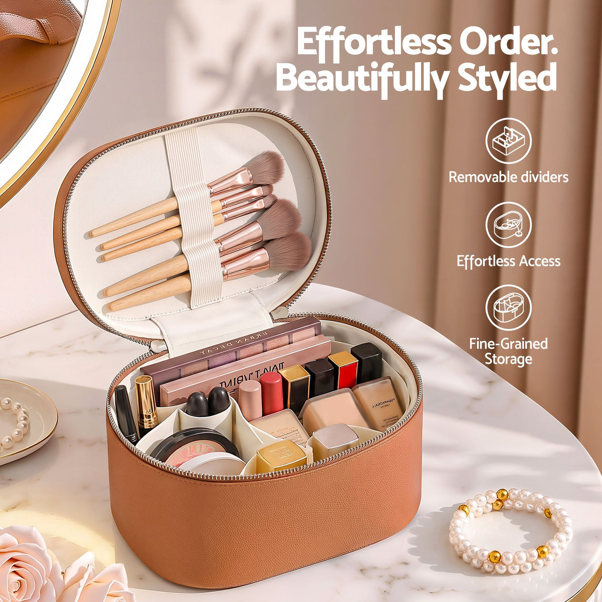 Embellir Makeup Case for Women Travel PU Cosmetic Organizer Brown-Health &amp; Beauty > Cosmetic Storage > Cosmetic &amp; Toiletry Bags-PEROZ Accessories