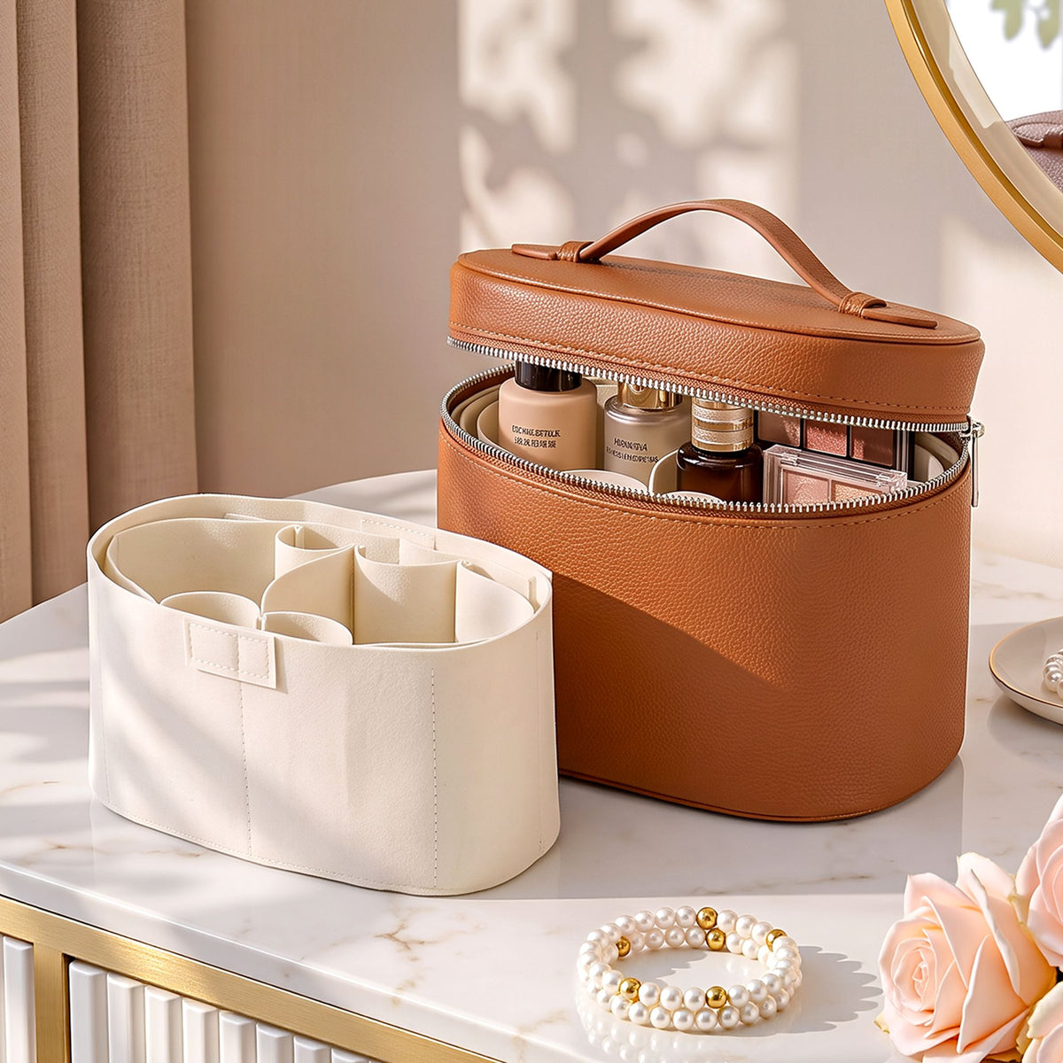 Embellir Makeup Case for Women Travel PU Cosmetic Organizer Brown-Health &amp; Beauty > Cosmetic Storage > Cosmetic &amp; Toiletry Bags-PEROZ Accessories