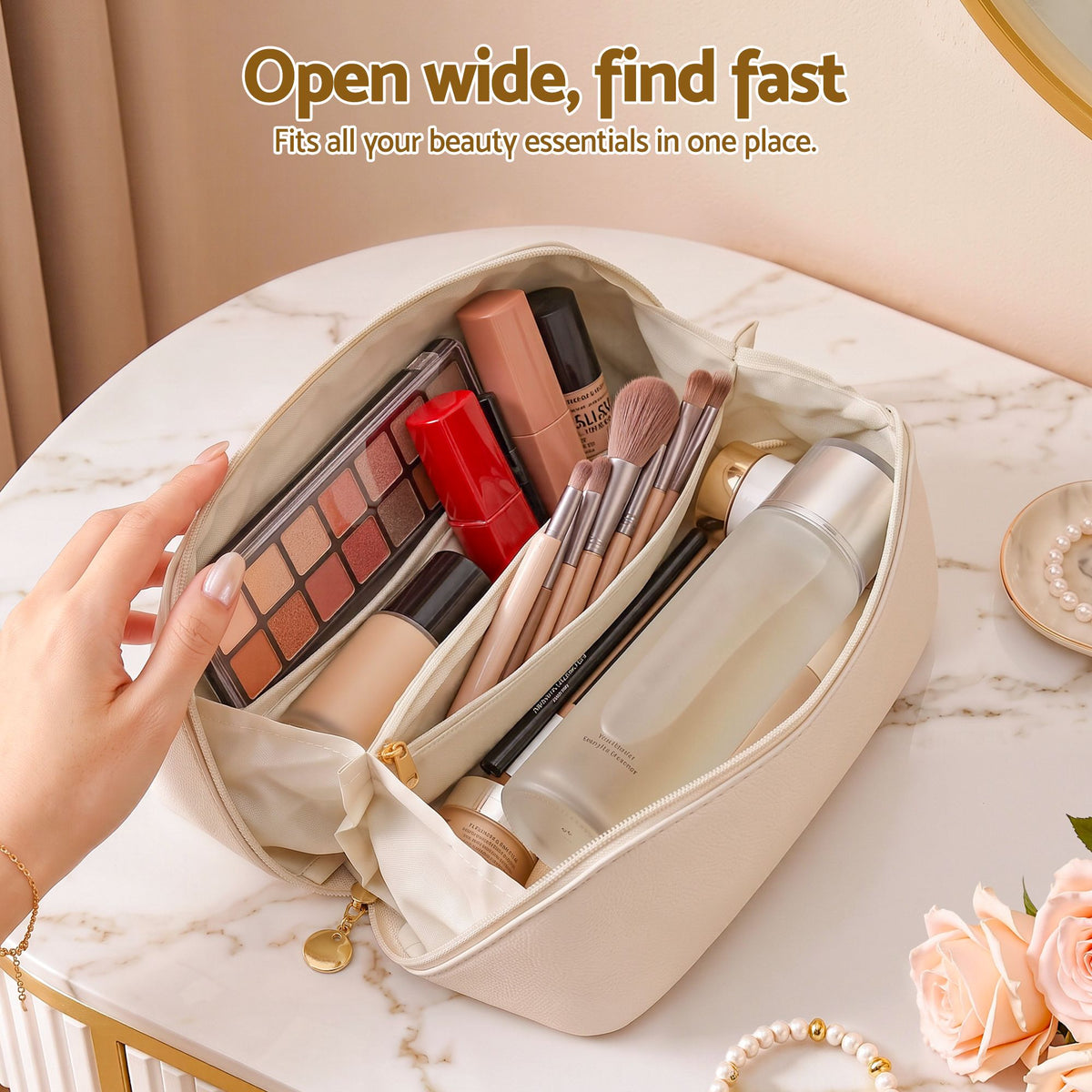 Embellir Makeup Case Portable Cosmetic Bag Organiser Toiletry Travel Bag PU White-Health &amp; Beauty > Cosmetic Storage > Cosmetic &amp; Toiletry Bags-PEROZ Accessories