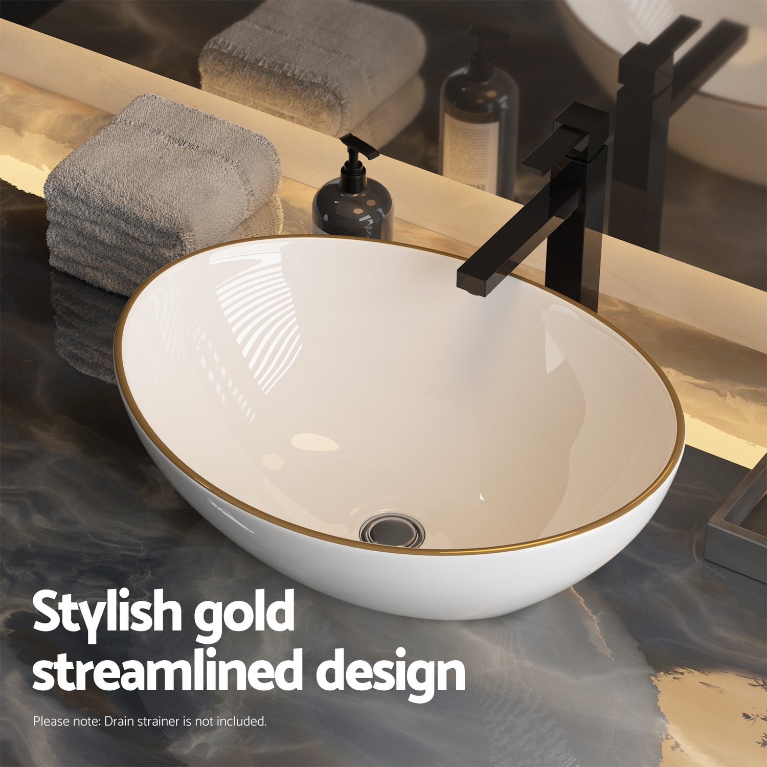 Cefito Bathroom Basin Ceramic Vanity Sink Hand Wash Bowl Gold Line 41x34cm-Furniture &gt; Bathroom &gt; Sinks-PEROZ Accessories